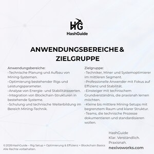 May include: A white informational document titled ANWENDUNGSBEREICHE & ZIELGRUPPE with the HashGuide logo at the top. It lists technical mining system planning, optimisation, and analysis, alongside target audience details for technicians and miners.