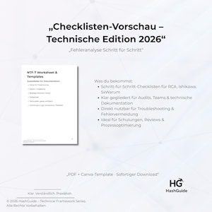 May include: A white document titled "Checklisten-Vorschau - Technische Edition 2026" with the subtitle "Fehleranalyse Schritt f&uuml;r Schritt." The document includes a list of "NTF-7 Worksheet & Templates" and a list of what is included. The document is a PDF + Canva-Template.