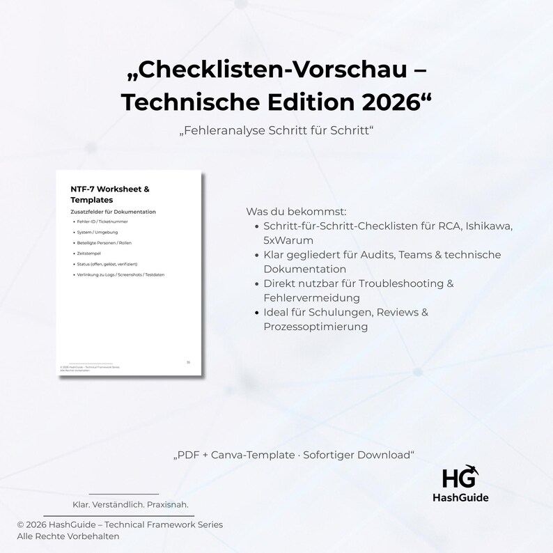 May include: A white document titled "Checklisten-Vorschau - Technische Edition 2026" with the subtitle "Fehleranalyse Schritt f&uuml;r Schritt." The document includes a list of "NTF-7 Worksheet & Templates" and a list of what is included. The document is a PDF + Canva-Template.