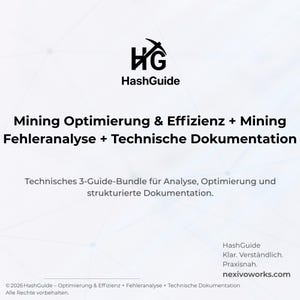 May include: A white digital document titled HashGuide featuring a black logo with a pickaxe icon. The text reads Mining Optimierung & Effizienz + Mining Fehleranalyse + Technische Dokumentation, describing a technical 3-guide bundle for analysis.