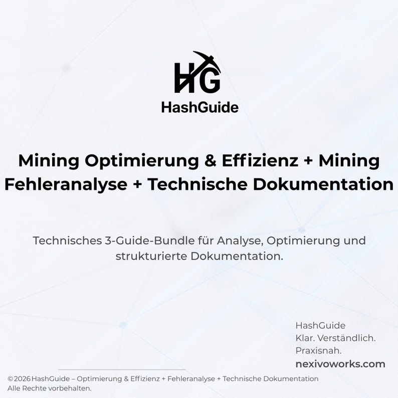 May include: A white digital document titled HashGuide featuring a black logo with a pickaxe icon. The text reads Mining Optimierung & Effizienz + Mining Fehleranalyse + Technische Dokumentation, describing a technical 3-guide bundle for analysis.