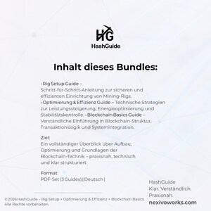 May include: A digital information sheet for the HashGuide bundle, featuring a logo with a pickaxe icon. It lists three PDF guides: Rig Setup, Optimization & Efficiency, and Blockchain Basics, detailing technical strategies for mining rigs and blockchain.