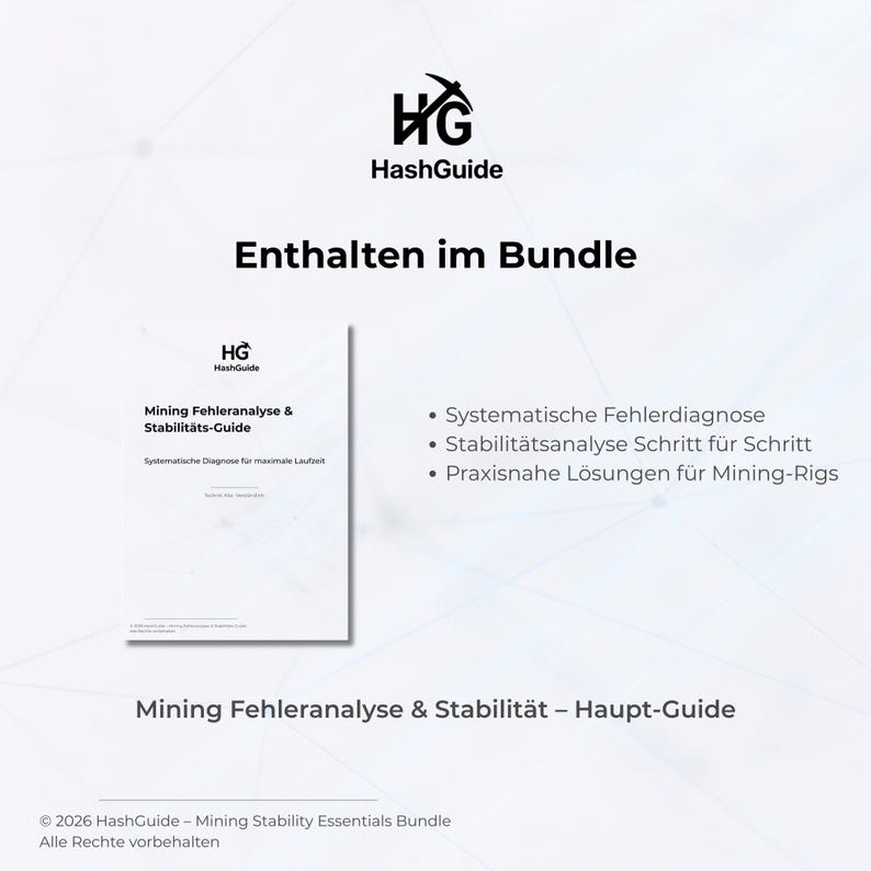 Pu&ograve; includere: Una guida bianca intitolata "Mining Fehleranalyse & Stabilit&auml;ts-Guide" con il logo HashGuide. La guida include informazioni sulla diagnosi sistematica degli errori, l'analisi della stabilit&agrave; passo passo e soluzioni pratiche per i mining rig. &Egrave; visibile anche il testo "Enthalten im Bundle".