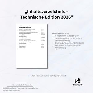 May include: A digital document titled "Inhaltsverzeichnis - Technische Edition 2026" with a table of contents, chapter titles, and a list of what's included. The document includes a QR code and shop link. The document is a PDF and Canva template.