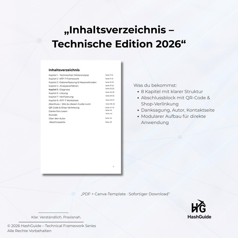 May include: A digital document titled "Inhaltsverzeichnis - Technische Edition 2026" with a table of contents, chapter titles, and a list of what's included. The document includes a QR code and shop link. The document is a PDF and Canva template.