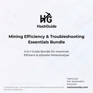 Könnte beinhalten: Weißes Grafikdesign mit dem HashGuide-Logo und dem Text "Mining Efficiency & Troubleshooting Essentials Bundle". Zusätzlicher Text enthält "2-in-1 Guide-Bundle" und Website-Informationen. Der Hintergrund ist ein hellblauer Farbverlauf mit einem Netzwerk-Muster.