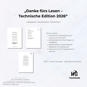 May include: A digital document with the title "Danke f&uuml;rs Lesen - Technische Edition 2026" in black text. The document includes bullet points and the text "PDF + Canva-Template - Sofortiger Download". The HashGuide logo is in the bottom right.