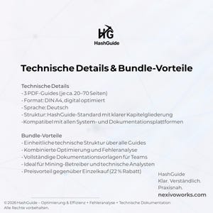 May include: A digital document titled Technical Details & Bundle-Vorteile by HashGuide. It lists three PDF guides in DIN A4 format, German language, and standardized structure. It outlines technical benefits including documentation templates and system compatibility.