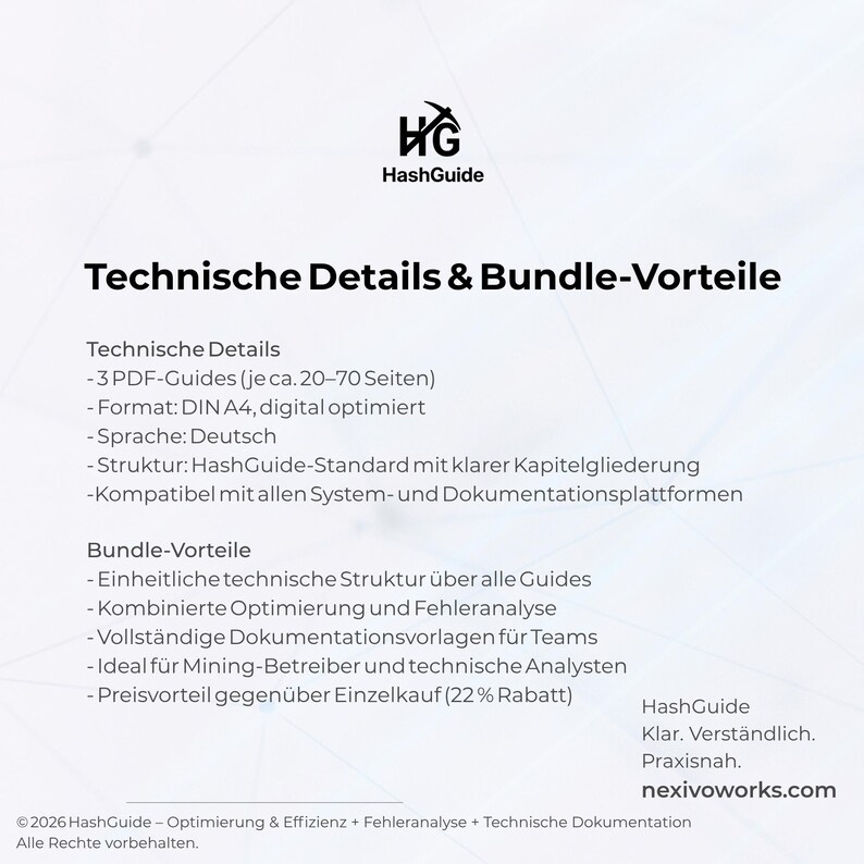 May include: A digital document titled Technical Details & Bundle-Vorteile by HashGuide. It lists three PDF guides in DIN A4 format, German language, and standardized structure. It outlines technical benefits including documentation templates and system compatibility.