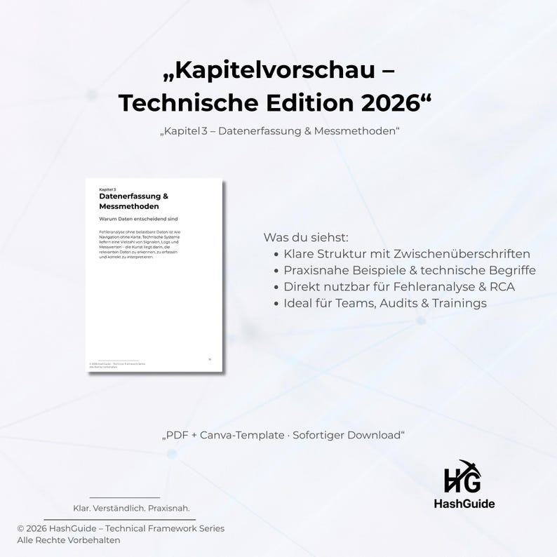 May include: A white document titled "Datenerfassung & Messmethoden" is shown, part of the "Technische Edition 2026" series. The image also features the text "PDF + Canva-Template - Sofortiger Download". The HashGuide logo is visible.