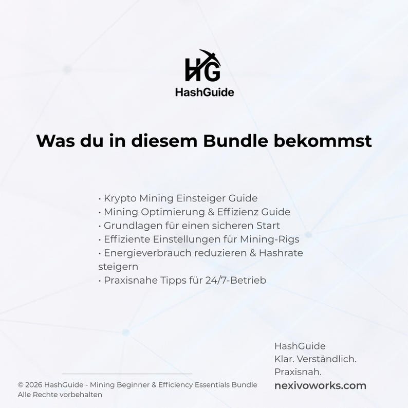 May include: White graphic with the HashGuide logo and text in German. The text reads "Was du in diesem Bundle bekommst" and lists topics including "Krypto Mining Einsteiger Guide" and "Mining Optimierung & Effizienz Guide."