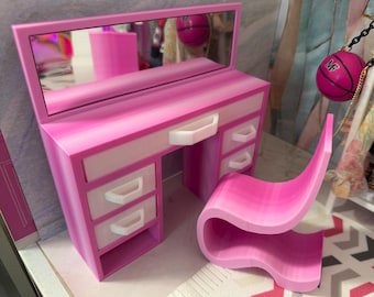 Barbie Schminktisch mit Spiegel und Stuhl | Puppenmöbel für 29 cm große Puppen