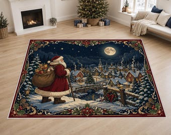 Santa Claus Village Rug, Moonlit Christmas Carpet, Storybook Holiday Decor