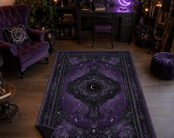 Occult Celestial Area Rug, Deep Purple Gothic Moon Symbol Carpet