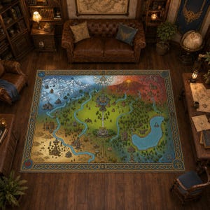 May include: A rectangular area rug featuring a detailed fantasy map illustration. The design displays a central castle, winding rivers, forests, mountains, and a volcano, all enclosed within a decorative border with a golden Triforce symbol at the top.