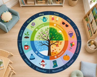 Four Seasons Round Rug, Educational Calendar Carpet, Playroom Decor