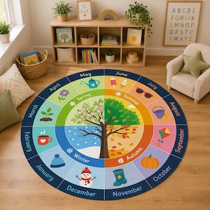 Pode incluir: Um tapete circular com uma árvore central dividida em quatro secções sazonais. O anel exterior apresenta os doze meses do ano, cada um emparelhado com um ícone sazonal correspondente, como um boneco de neve para dezembro e um sol para junho.