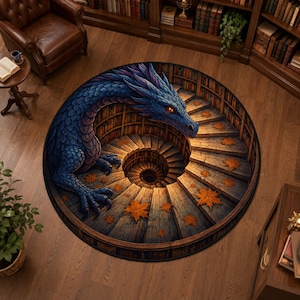 Alfombra redonda Dragón Azul, Escalera de Biblioteca Fantástica, Decoración Gótica para el Hogar imagen 1