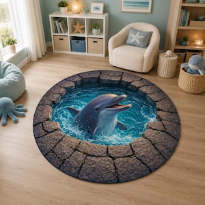 Alfombra redonda con ilusión de piscina de delfines, borde de piedra oceánica 3D, decoración marina imagen 1