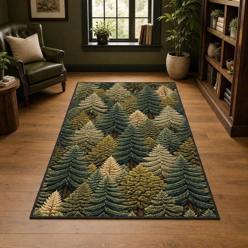 Foresty Rug Pine Forest Area Rug, Rustic Green Woodland Nature Decor - Etsy