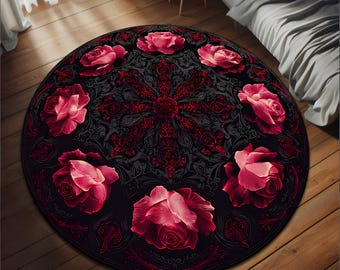 Alfombra redonda floral de rosas rojas oscuras, elegante decoración botánica.