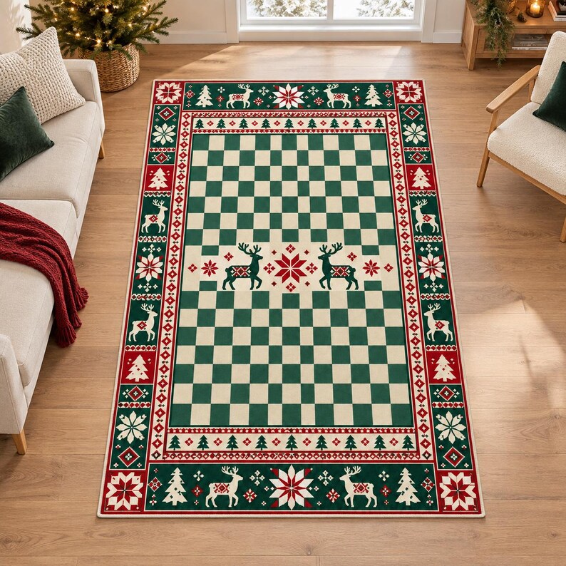 Reindeer Christmas Area Rug, Green Checkerboard Snowflake Holiday ...
