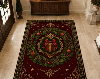 Christmas Gift Rug, Holly Wreath Carpet, Classic Holiday Decor