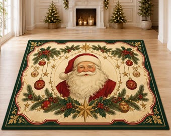 Santa Ornament Rug, Holly Christmas Carpet, Classic Holiday Decor