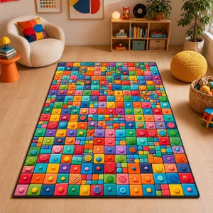 May include: A rectangular area rug featuring a vibrant, multi-colored grid pattern composed of various square and rectangular blocks. Each block displays raised geometric shapes, including circles, stars, and triangles, in shades of red, blue, yellow, green, and purple.