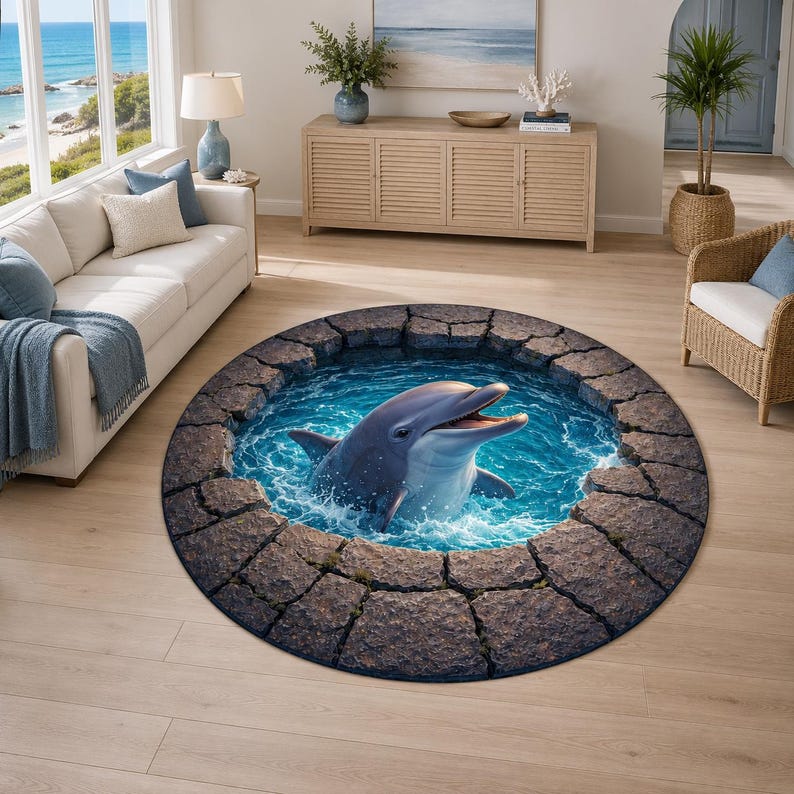 Alfombra redonda con ilusión de piscina de delfines, borde de piedra oceánica 3D, decoración marina imagen 2