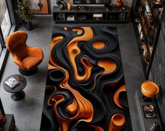 Black Orange Abstract Rug, Lava Flow Carpet, Modern Living Room Decor
