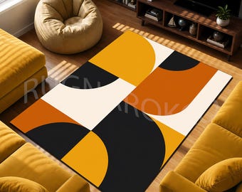 Mid Century Geometric Rug, Abstract Color Block Area Rug, Modern Retro Carpet, Mustard Orange Black Home Decor