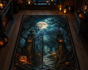 Haunted Garden Gate Rug, Moonlit Orchard Carpet, Gothic Halloween Decor