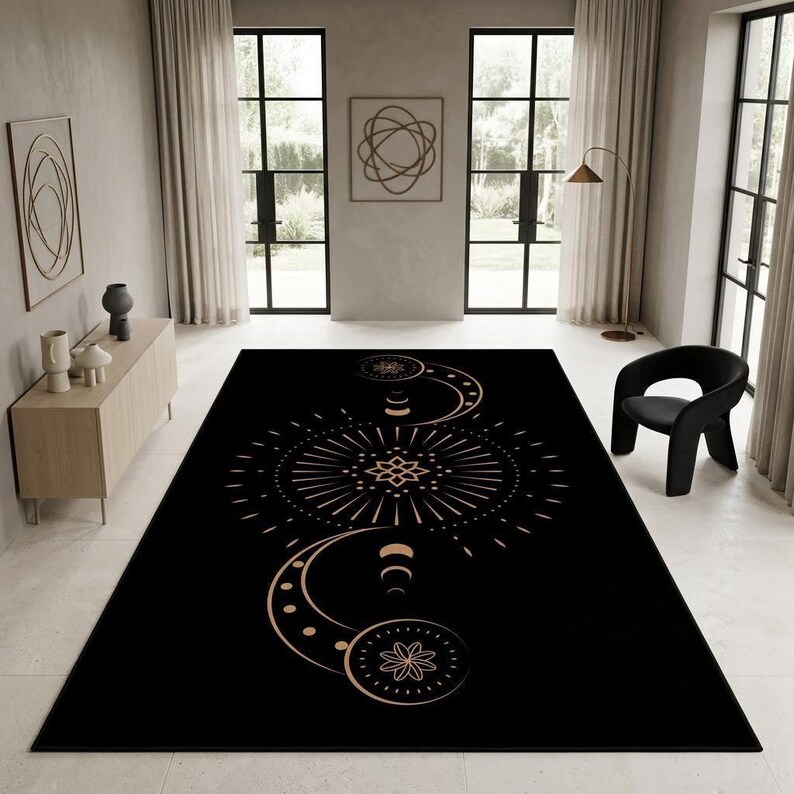 Moon Patterned Rugs Celestial Moon Phase Rug, Black Gold Sunburst Medallion Decor - Etsy