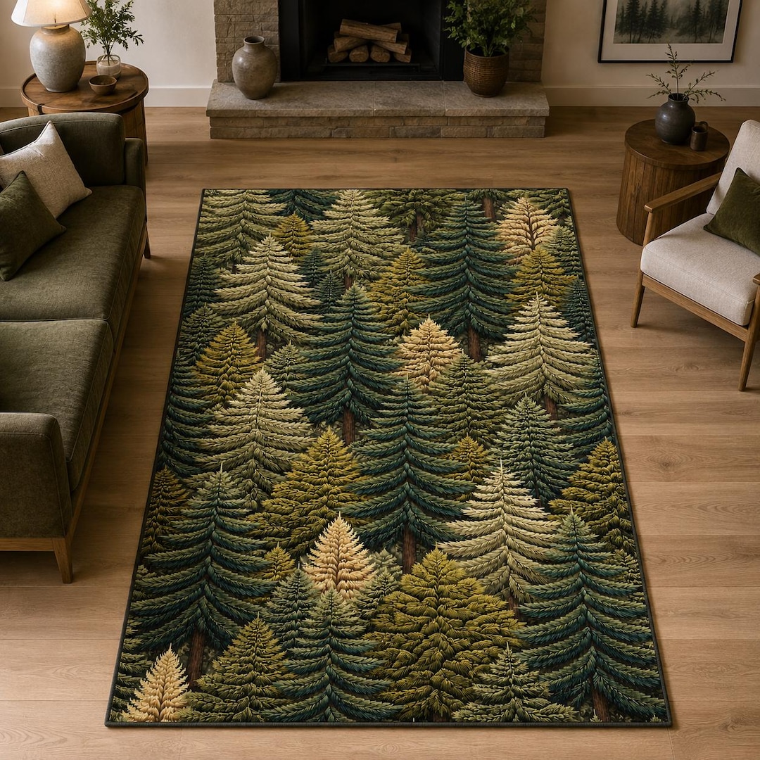 Foresty Rug Pine Forest Area Rug, Rustic Green Woodland Nature Decor - Etsy