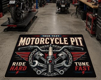 Custom Motorcycle Rug, Biker Workshop Carpet, Man Cave Decor