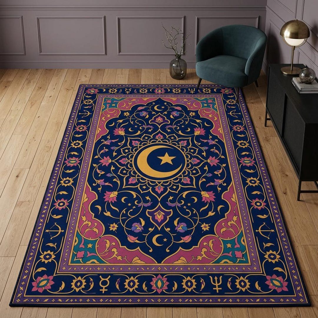 Moon Patterned Rugs Celestial Moon Star Rug, Navy Pink Gold Floral Decor - Etsy
