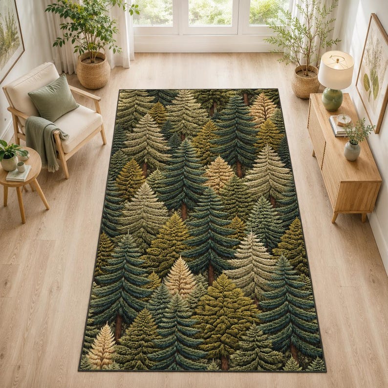 Foresty Rug Pine Forest Area Rug, Rustic Green Woodland Nature Decor - Etsy