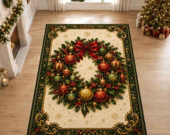 Christmas Ornament Wreath Rug, Holly Carpet, Classic Holiday Decor