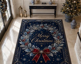 Merry Christmas Rug, Navy Holly Carpet, Elegant Holiday Decor