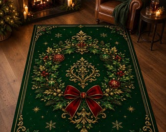 Christmas Holly Wreath Rug, Emerald Ornament Carpet, Elegant Holiday Decor