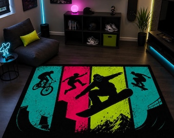 Tapis pour sports extrêmes, tapis de skateboard et de snowboard néon pour décoration de salle de jeux
