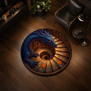 Alfombra redonda Dragón Azul, Escalera de Biblioteca Fantástica, Decoración Gótica para el Hogar imagen 3