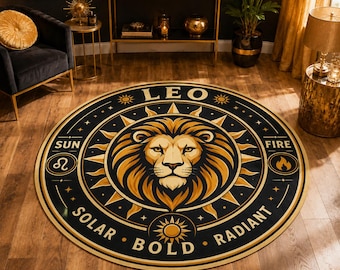 Alfombra redonda del zodíaco Leo, decoración astrológica del león celestial en negro y dorado