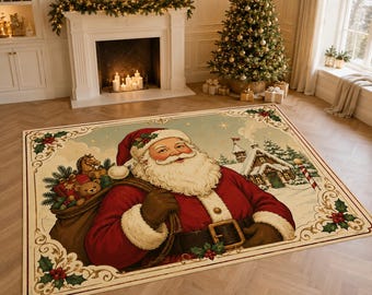Santa Claus Christmas Rug, Classic Holiday Carpet, Festive Living Room Decor