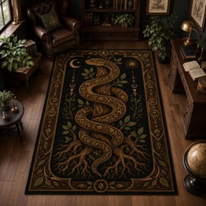 Puede incluir: Una alfombra rectangular con fondo negro que presenta una ilustración central de una gran serpiente marrón enroscada alrededor de un tronco de árbol con raíces visibles. El diseño incluye hojas verdes, una luna creciente y un sol.