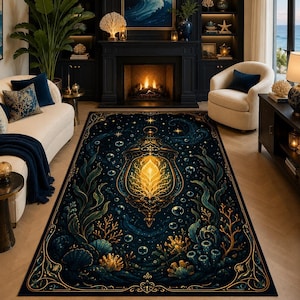 May include: A rectangular area rug featuring a dark navy blue background with an intricate underwater theme. The design displays a central glowing golden lantern surrounded by swirling seaweed, coral formations, seashells, and floating bubbles.