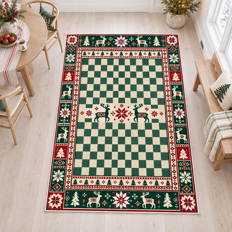 Reindeer Christmas Area Rug, Green Checkerboard Snowflake Holiday ...