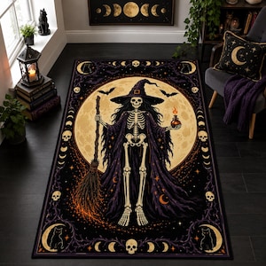 Alfombra de bruja esqueleto, alfombra de Halloween de luna llena, decoración gótica de brujas