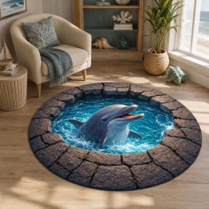 Alfombra redonda con ilusión de piscina de delfines, borde de piedra oceánica 3D, decoración marina imagen 3